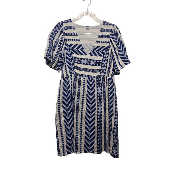 Old Navy Blue White Geometric Print V-Neck Dress Women’s Medium with Pockets - Picture 1 of 5
